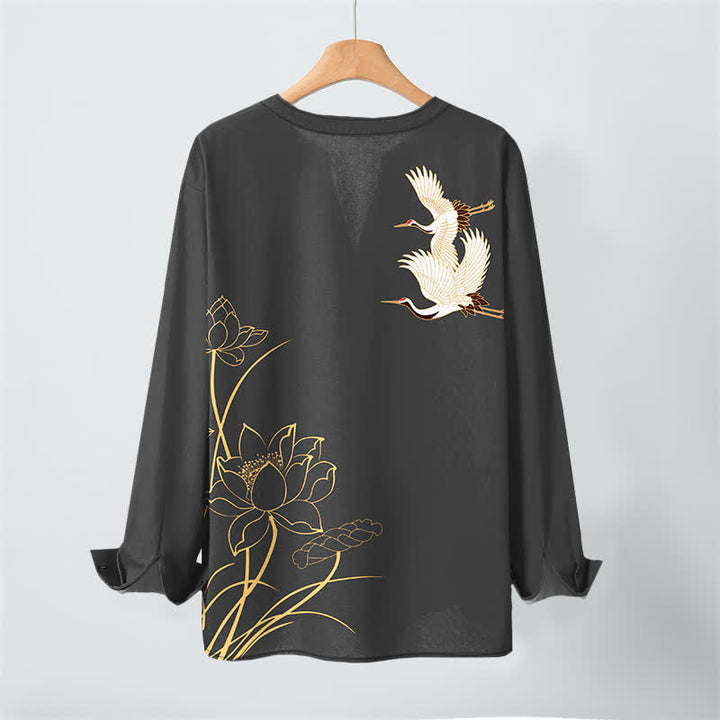 Buddha Stones Camisas de manga larga para hombre con cuello en V y botones, con estampado de grullas y lotos de algodón. - image 10
