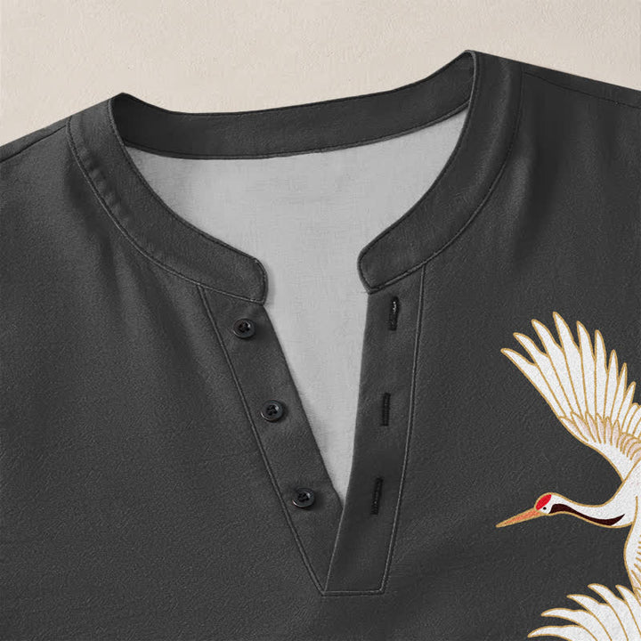 Buddha Stones Camisas de manga larga para hombre con cuello en V y botones, con estampado de grullas y lotos de algodón. - image 11