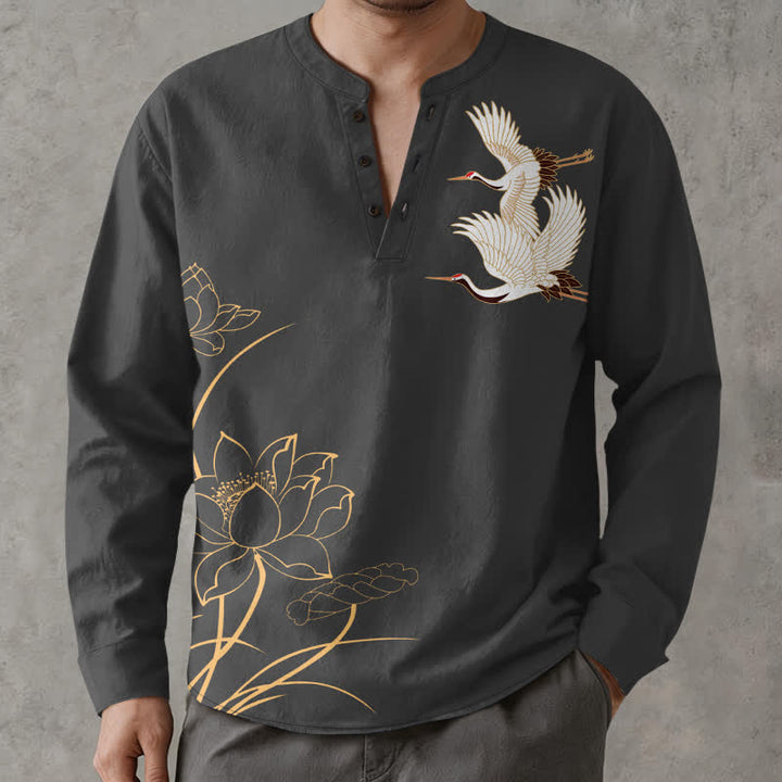 Buddha Stones Camisas de manga larga para hombre con cuello en V y botones, con estampado de grullas y lotos de algodón. - Negro - US/UK/AU48, UE58 (4XL) - image 7