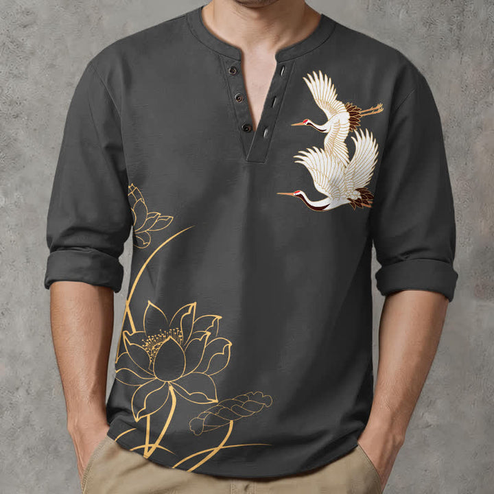 Buddha Stones Camisas de manga larga para hombre con cuello en V y botones, con estampado de grullas y lotos de algodón. - image 8