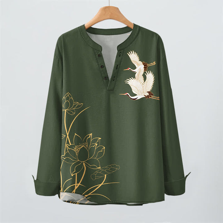 Buddha Stones Camisas de manga larga para hombre con cuello en V y botones, con estampado de grullas y lotos de algodón. - image 16