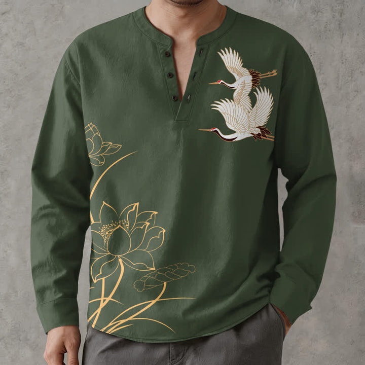 Buddha Stones Camisas de manga larga para hombre con cuello en V y botones, con estampado de grullas y lotos de algodón. - Verde oliva oscuro - US/UK/AU48, UE58 (4XL) - image 14