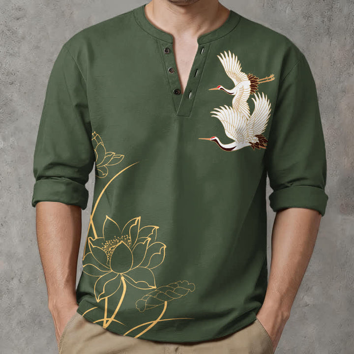 Buddha Stones Camisas de manga larga para hombre con cuello en V y botones, con estampado de grullas y lotos de algodón. - image 15