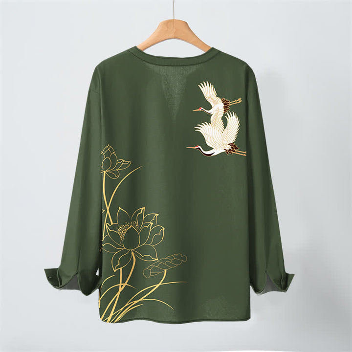 Buddha Stones Camisas de manga larga para hombre con cuello en V y botones, con estampado de grullas y lotos de algodón. - image 17