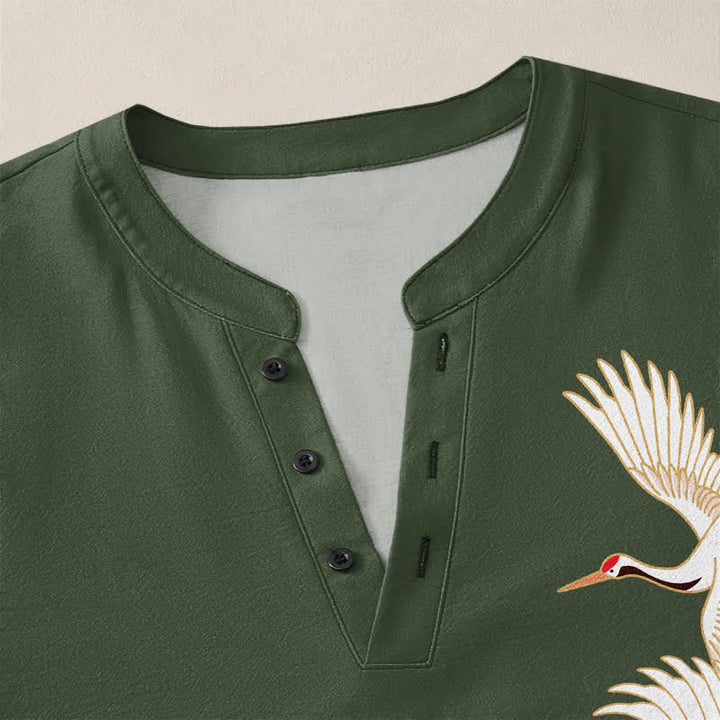 Buddha Stones Camisas de manga larga para hombre con cuello en V y botones, con estampado de grullas y lotos de algodón. - image 18