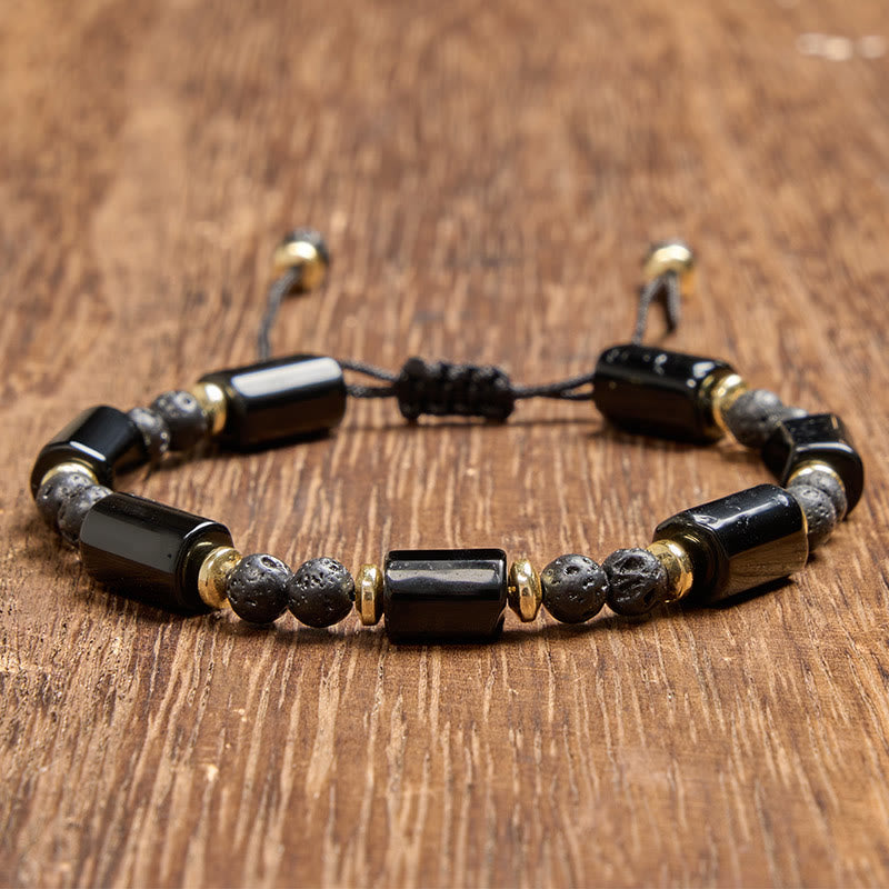 Buddha Stones Pulsera ajustable trenzada de protección con roca de lava de ónix negro - Ónix negro (circunferencia de la muñeca: 15-16 cm) - image 0