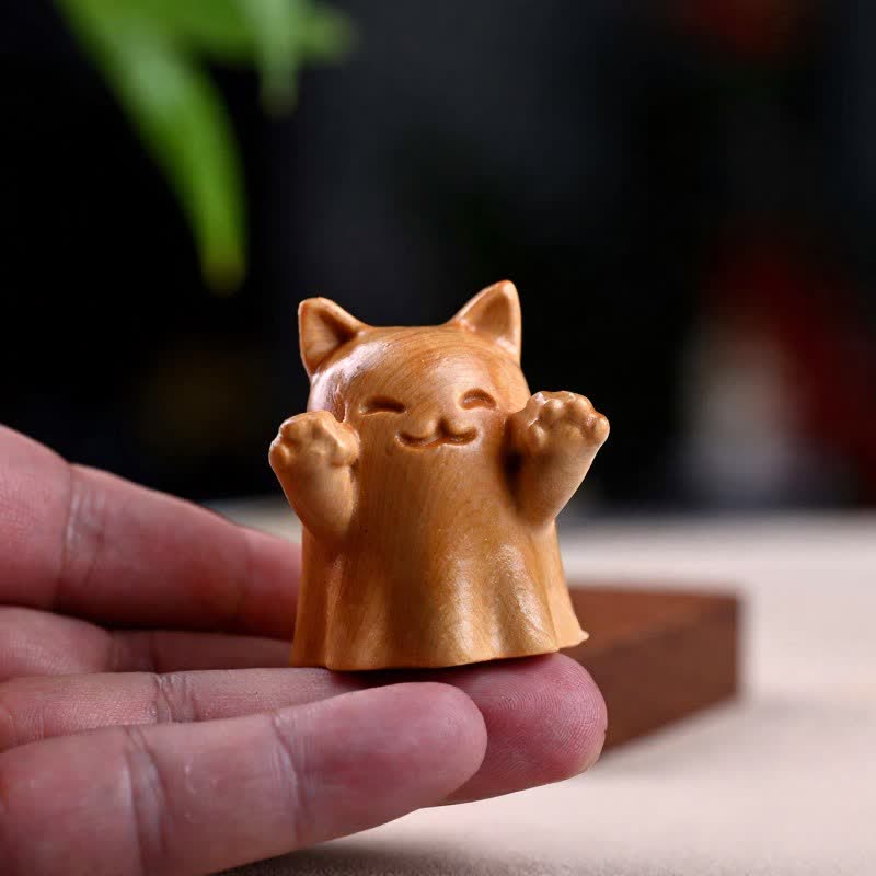Buddha Stones Gato guiñando un ojo, adorable animalito de madera de pino tallado, decoración - image 6