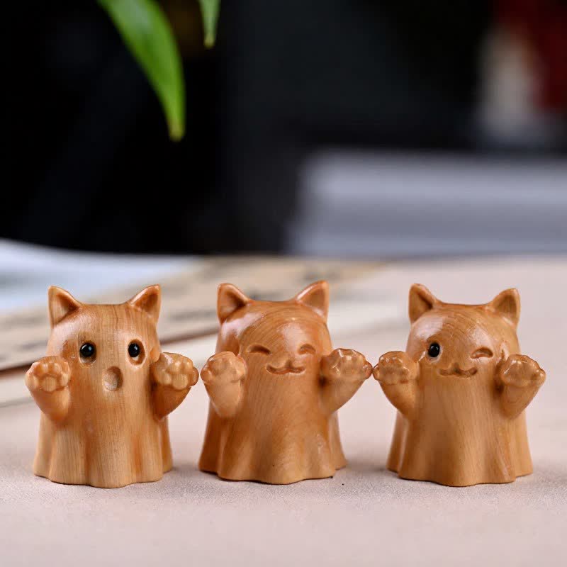 Buddha Stones Gato guiñando un ojo, adorable animalito de madera de pino tallado, decoración - image 0