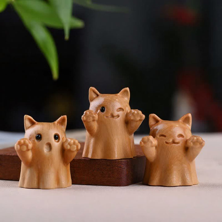 Buddha Stones Gato guiñando un ojo, adorable animalito de madera de pino tallado, decoración - image 8