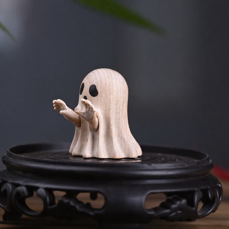 Buddha Stones Mini fantasma travieso tallado en madera de arce, decoración de escritorio con dibujos animados, 3,3 × 3 × 3,9 cm - image 4