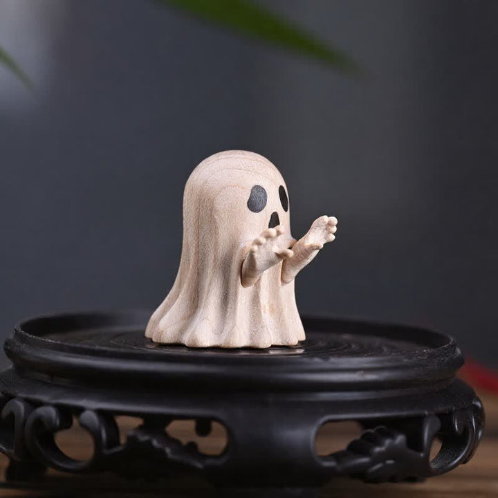Buddha Stones Mini fantasma travieso tallado en madera de arce, decoración de escritorio con dibujos animados, 3,3 × 3 × 3,9 cm - image 2