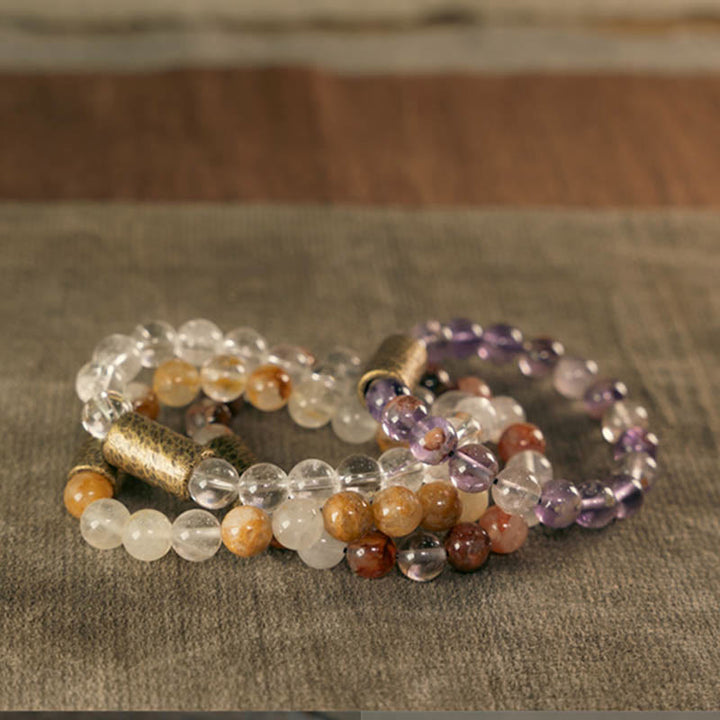 Buddha Stones Cristal blanco Cuarzo hematoide rojo Cuarzo rutilado dorado Pulsera de protección fantasma púrpura