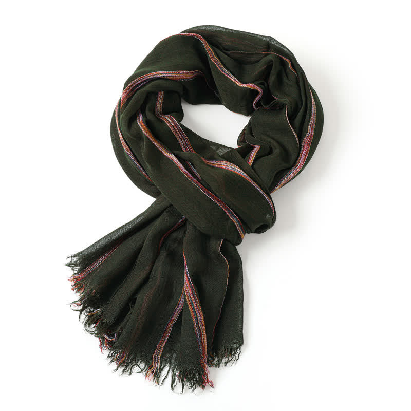 Buddha Stones Bufanda ligera para hombre con borlas y rayas multicolores, ideal para primavera y otoño. - Verde oliva oscuro - image 11