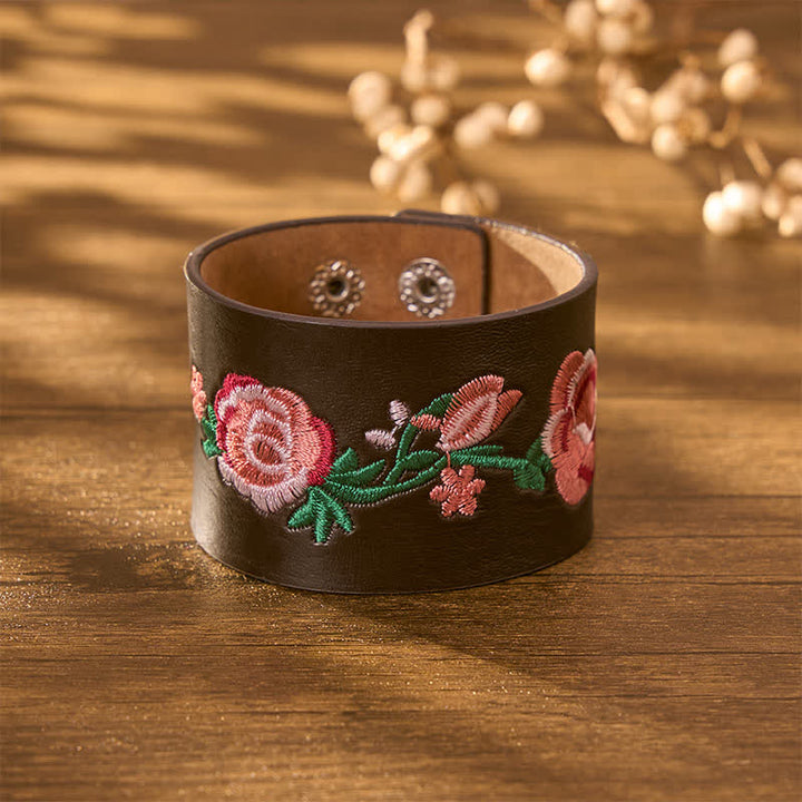 Buddha Stones Pulsera vintage de cuero con hebilla bordada con mariposa y rosas florales. - image 19