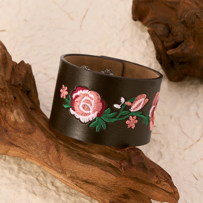 Buddha Stones Pulsera vintage de cuero con hebilla bordada con mariposa y rosas florales. - image 18