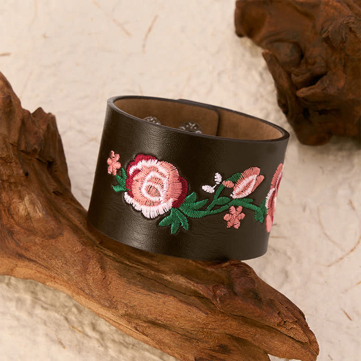 Buddha Stones Pulsera vintage de cuero con hebilla bordada con mariposa y rosas florales. - image 18