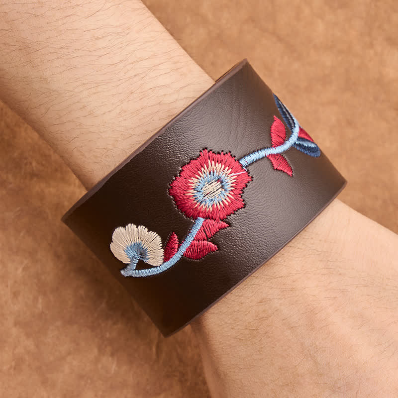 Buddha Stones Pulsera vintage de cuero con hebilla bordada con mariposa y rosas florales. - image 13