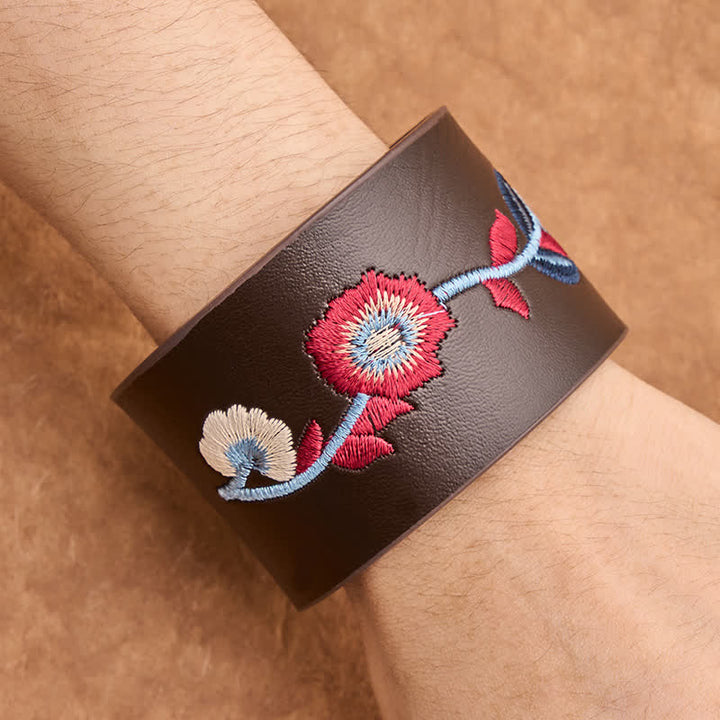 Buddha Stones Pulsera vintage de cuero con hebilla bordada con mariposa y rosas florales. - image 13