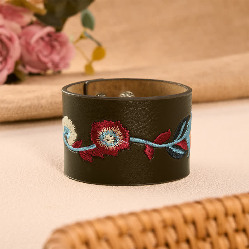 Buddha Stones Pulsera vintage de cuero con hebilla bordada con mariposa y rosas florales. - Flor silvestre en flor (circunferencia de la muñeca: aprox. 15-17 cm) - image 9