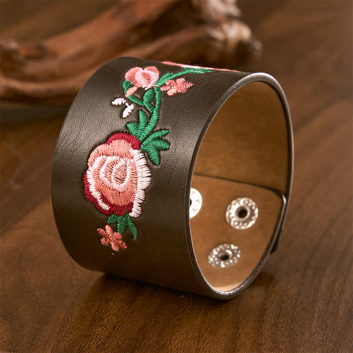 Buddha Stones Pulsera vintage de cuero con hebilla bordada con mariposa y rosas florales. - image 17