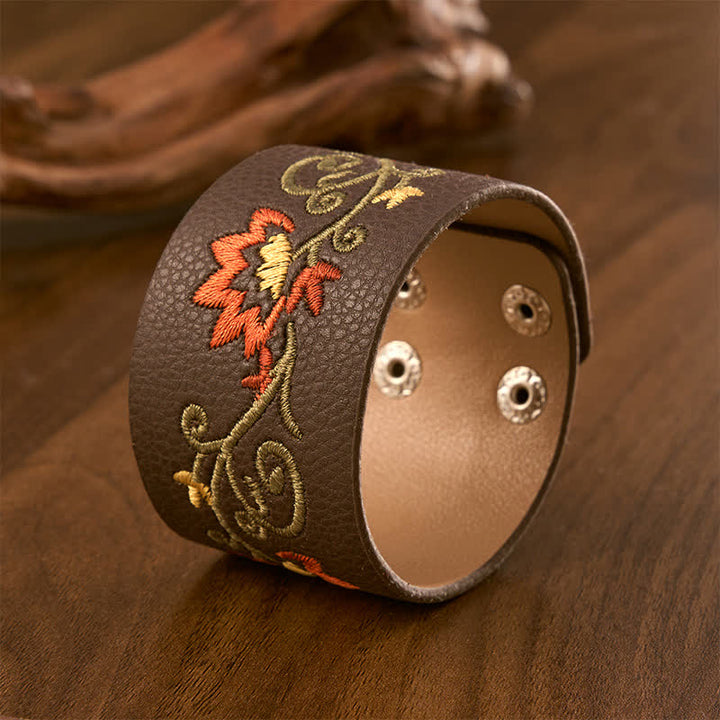 Buddha Stones Pulsera de protección de cuero con hebilla ajustable y bordado floral - image 1