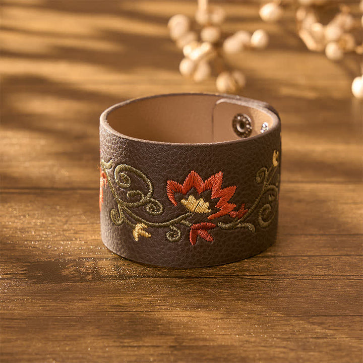 Buddha Stones Pulsera de protección de cuero con hebilla ajustable y bordado floral - image 2
