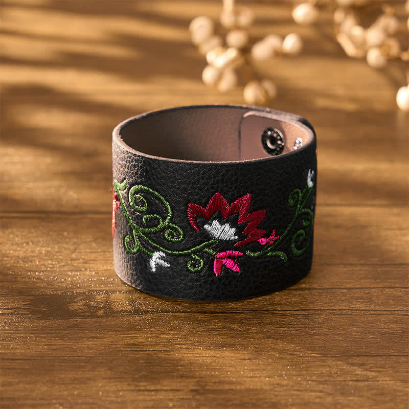Buddha Stones Pulsera de protección de cuero con hebilla ajustable y bordado floral - image 10