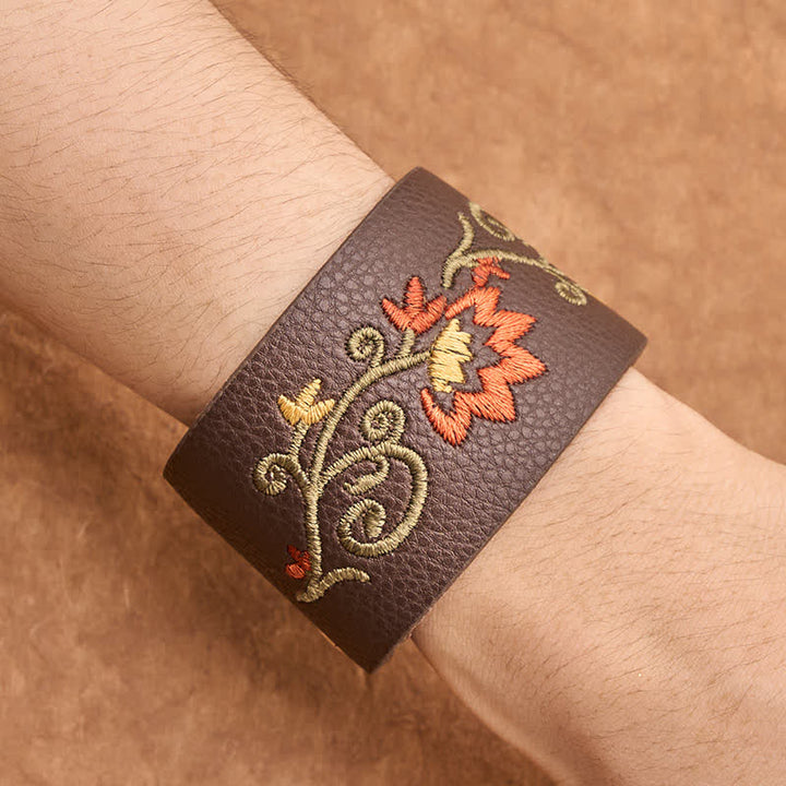 Buddha Stones Pulsera de protección de cuero con hebilla ajustable y bordado floral - image 4