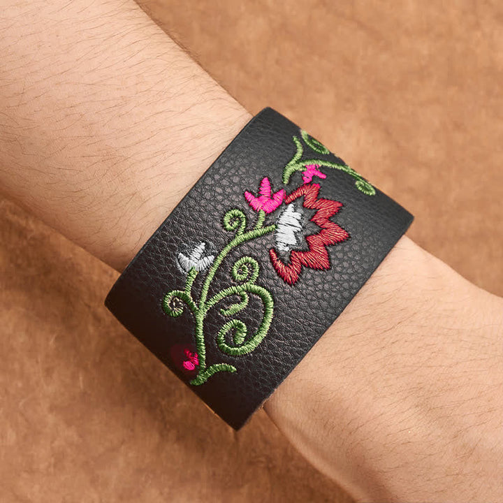Buddha Stones Pulsera de protección de cuero con hebilla ajustable y bordado floral - image 12