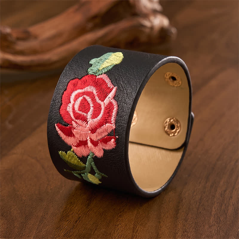Buddha Stones Pulsera ancha de cuero con hebilla protectora bordada con rosas - image 2
