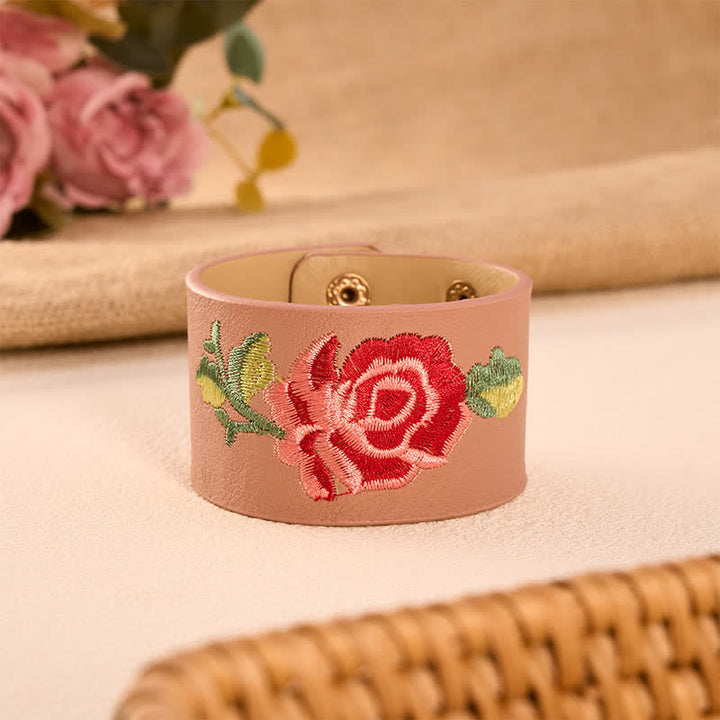 Buddha Stones Pulsera ancha de cuero con hebilla protectora bordada con rosas - Rosa empolvado (circunferencia de la muñeca: aprox. 15-18 cm) - image 14