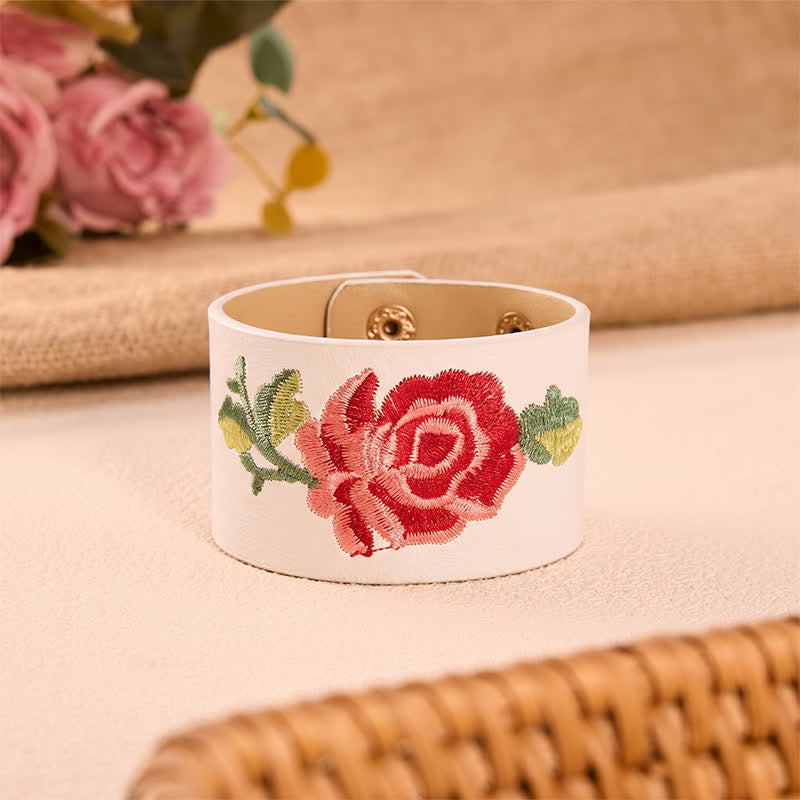 Buddha Stones Pulsera ancha de cuero con hebilla protectora bordada con rosas - Blanco (Circunferencia de la muñeca: aprox. 5,9–7,1 pulgadas / 15–18 cm) - image 21