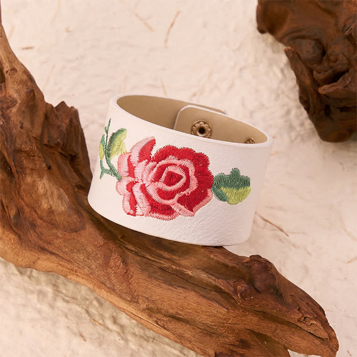 Buddha Stones Pulsera ancha de cuero con hebilla protectora bordada con rosas - image 24