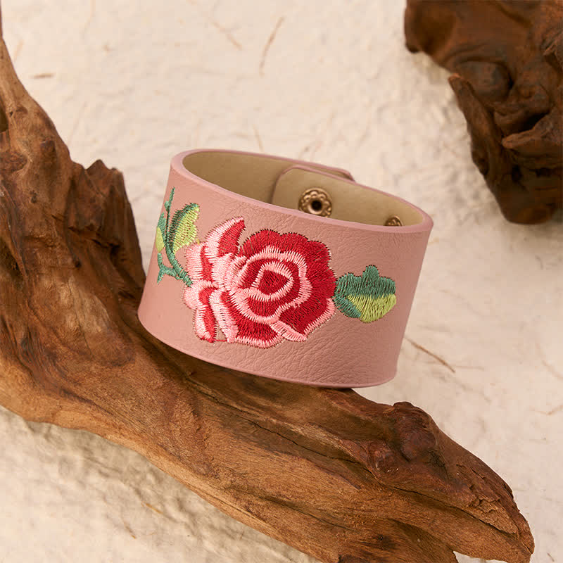 Buddha Stones Pulsera ancha de cuero con hebilla protectora bordada con rosas - image 17