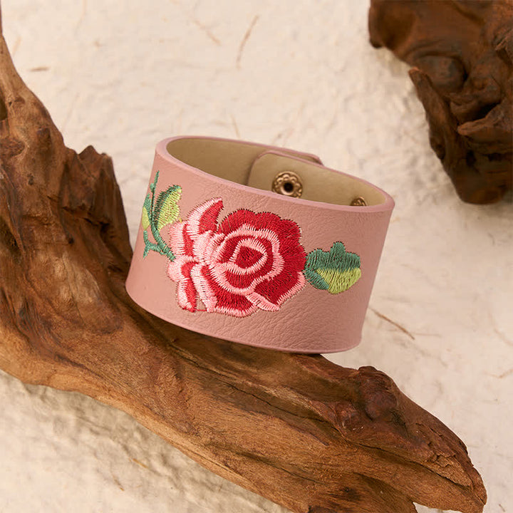 Buddha Stones Pulsera ancha de cuero con hebilla protectora bordada con rosas - image 17