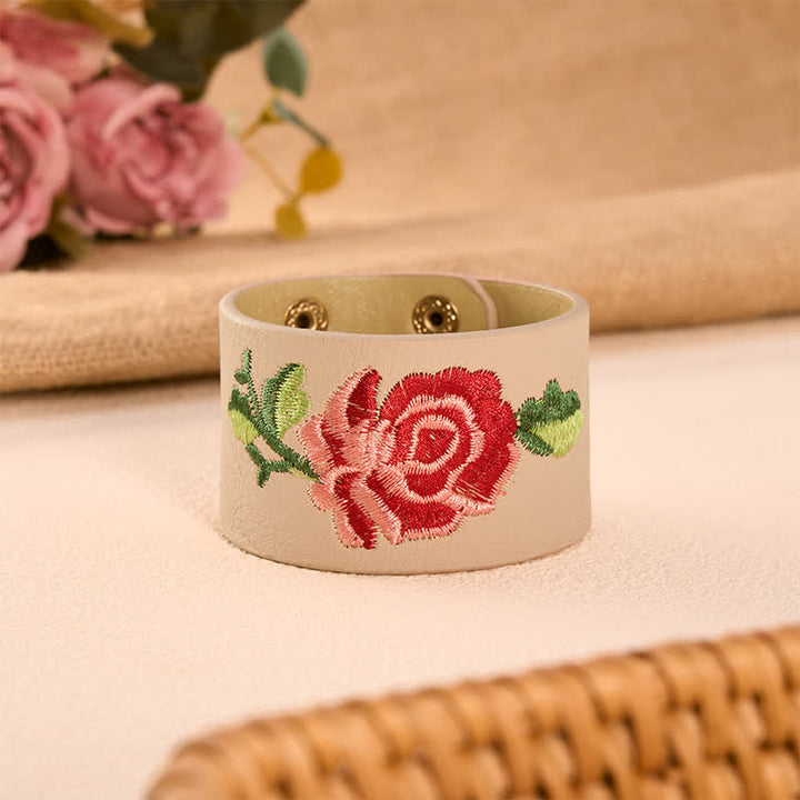 Buddha Stones Pulsera ancha de cuero con hebilla protectora bordada con rosas - Rosa beige (circunferencia de la muñeca: aprox. 15-18 cm) - image 7