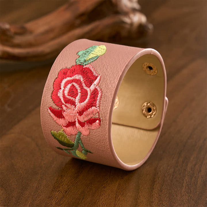 Buddha Stones Pulsera ancha de cuero con hebilla protectora bordada con rosas - image 16