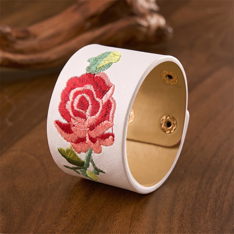 Buddha Stones Pulsera ancha de cuero con hebilla protectora bordada con rosas - image 23
