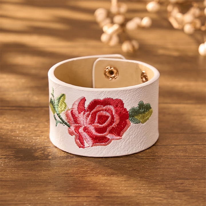 Buddha Stones Pulsera ancha de cuero con hebilla protectora bordada con rosas - image 22