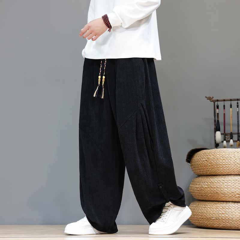 Buddha Stones Pantalones largos de pana estilo boho casual de otoño/invierno con cordón ajustable, color liso, para hombre, con bolsillos. - Negro - US/UK/AU46, EU56 (5XL) - image 13