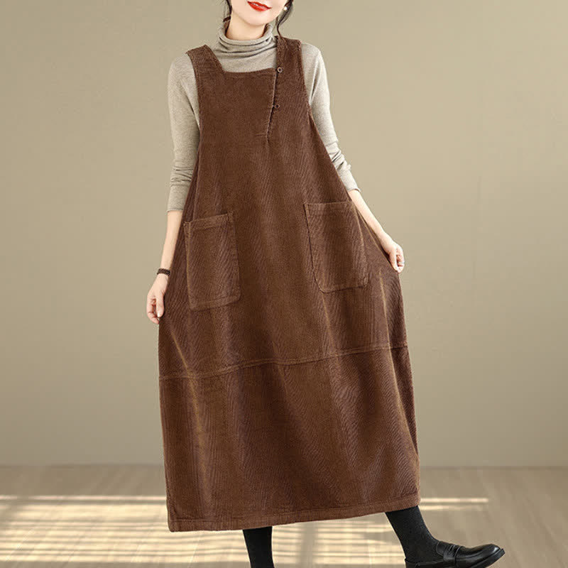Buddha Stones Vestido de invierno vintage para mujer, liso, de cuello redondo, sin mangas y con bolsillos. - Marrón silla de montar - US8-10，UK/AU12-14，EU40-42 (2XL) - image 0