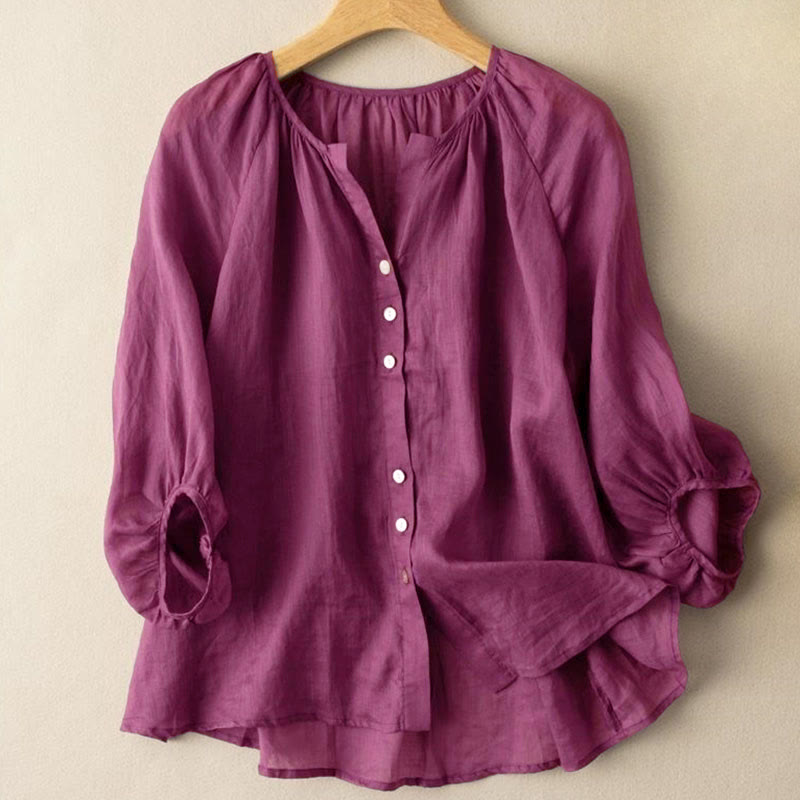 Camisa de mujer vintage con cuello en V, mangas tres cuartos abullonadas y botones , con Buddha Stones. - Magenta oscuro - US14, UK/AU18, EU46 (4XL) - image 5