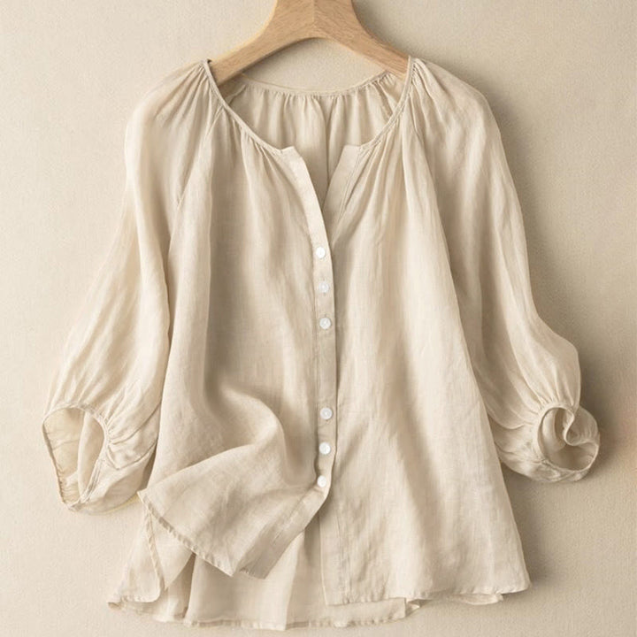 Camisa de mujer vintage con cuello en V, mangas tres cuartos abullonadas y botones , con Buddha Stones. - vara de oro pálida - US14, UK/AU18, EU46 (4XL) - image 9