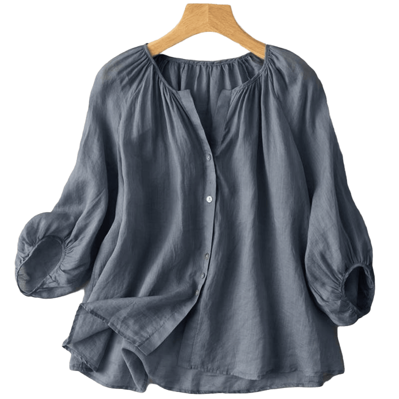 Camisa de mujer vintage con cuello en V, mangas tres cuartos abullonadas y botones , con Buddha Stones. - image 2