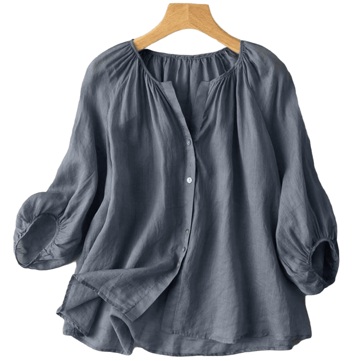 Camisa de mujer vintage con cuello en V, mangas tres cuartos abullonadas y botones , con Buddha Stones. - image 2