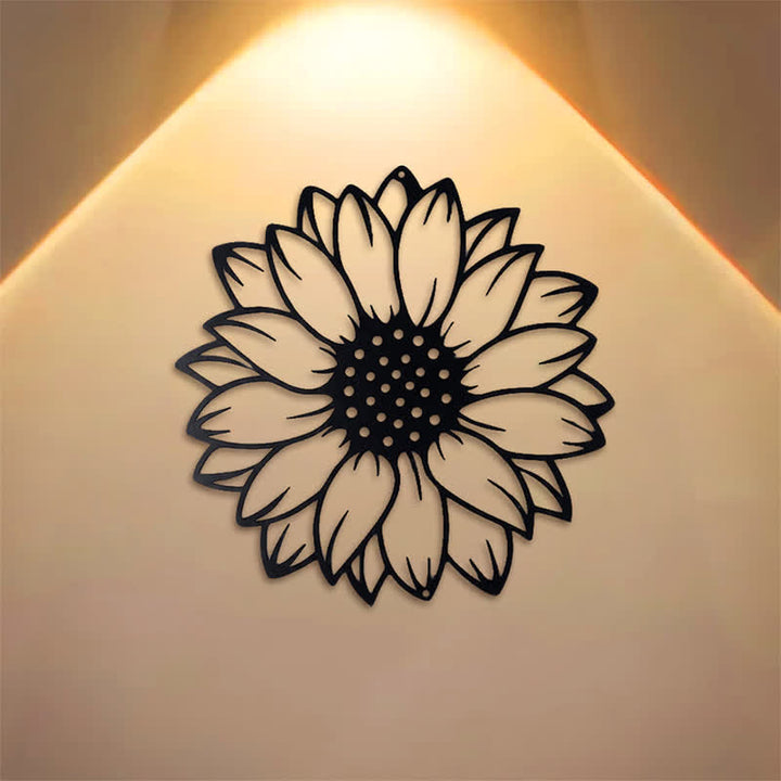 Buddha Stones Decoración de pared redonda de metal de hierro con diseño floral de girasol. - image 0