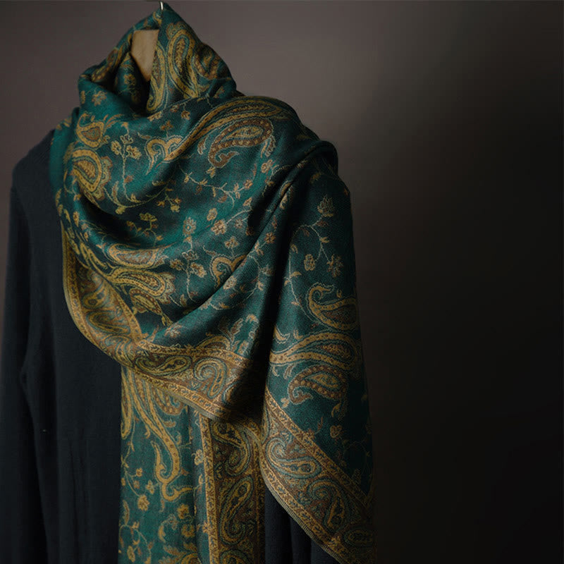 Chal con borlas y estampado de flores de anacardo tibetano con Buddha Stones para otoño e invierno, bufanda suave - Verde oscuro - image 0