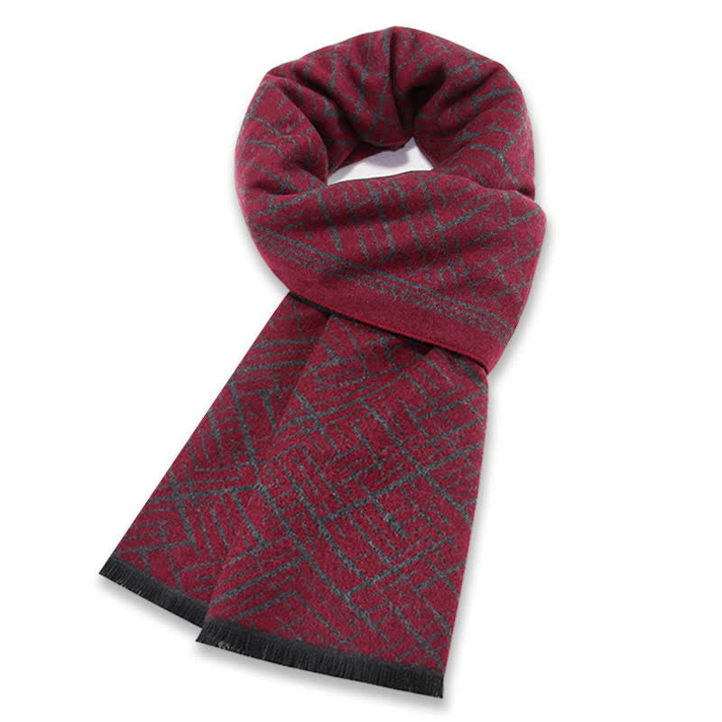 Buddha Stones Bufanda clásica de hombre con borla y estampado geométrico de trama cruzada para otoño/invierno. - Rojo oscuro - image 8