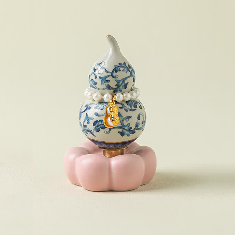 Buddha Stones Decoración de vida consciente con forma de calabaza y loto giratoria de cerámica azul y blanca - Base rosa aprox. 4,8 cm × 4,8 cm × 8,5 cm - image 8