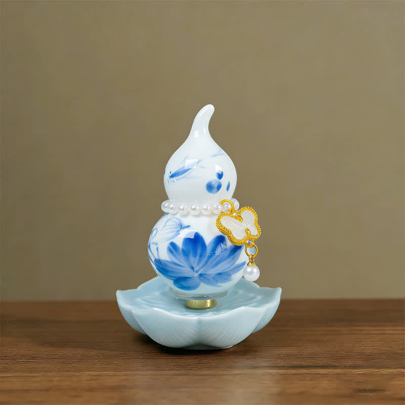 Buddha Stones Calabaza de peonía de cerámica pintada a mano, símbolo de prosperidad y vida consciente. - Loto de porcelana azul - Aprox. 6*8 cm (accesorio aleatorio) - image 0
